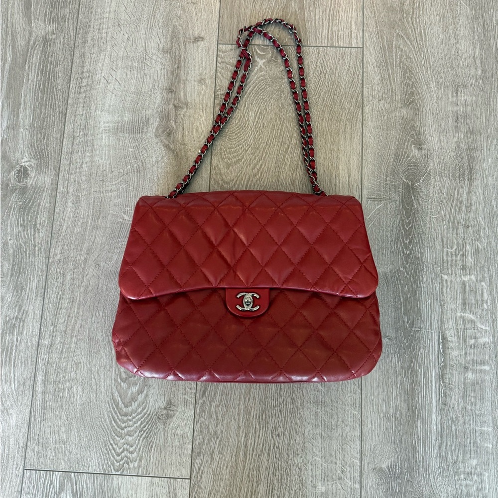 Authentic Chanel Maxi Lambskin 3 Accordion Flap Red Leather Shoulder Bag
